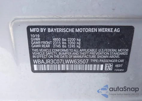 2020 BMW 5 Series 530I из США, поврежденный, VIN WBAJR3C07LWW63507